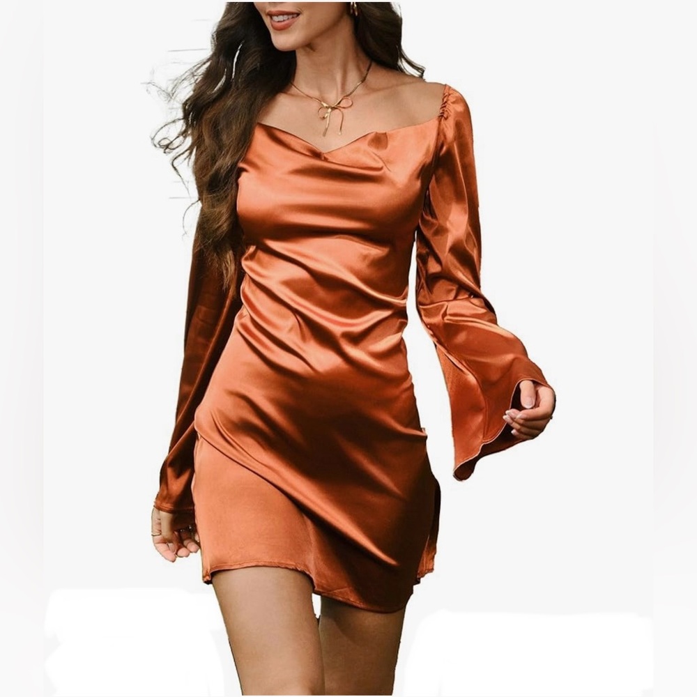 Elegant Satin ORANGE/BRICK Color Dress, Top Tie Closure In The Back, NWT!!